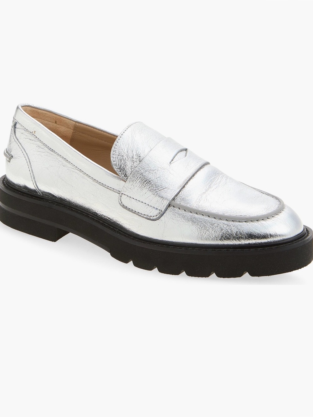 Stuart Weitzman Silver Metallic Lug-Sole Penny Loafers